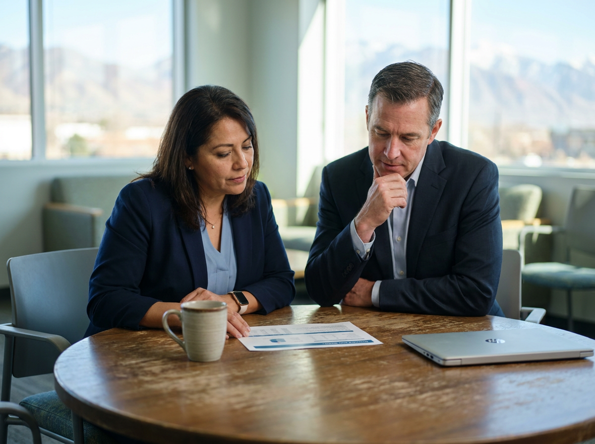 Two professionals reviewing a document together at a table